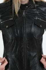 DERİNSS DKA1915 Hakiki Deri Kadın Siyah Mont