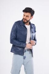 DERİNSS DER276 Hakiki Deri Erkek Mavi Mont