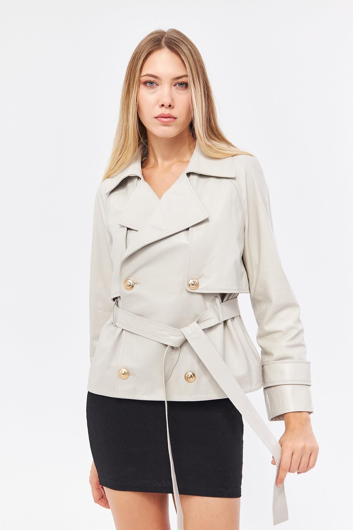 DERİNSS DKA1592 Hakiki Deri Kadın BeJ Mont