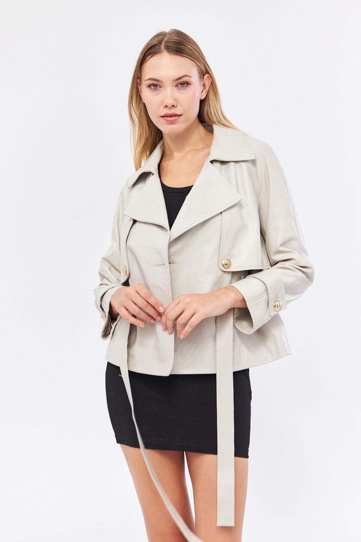 DERİNSS DKA1592 Hakiki Deri Kadın BeJ Mont