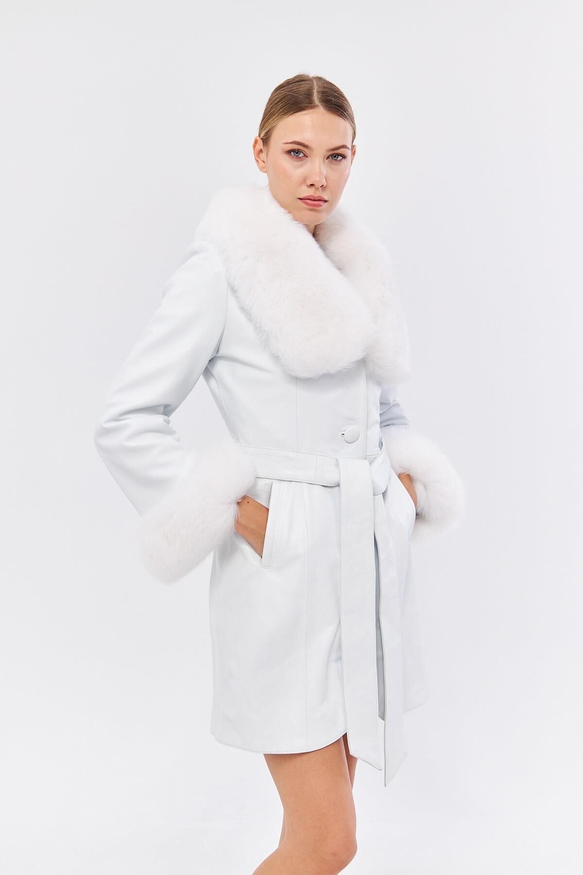 DERİNSS DKA1551 Hakiki Deri Kadın Beyaz Kaban