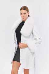 DERİNSS DKA1551 Hakiki Deri Kadın Beyaz Kaban