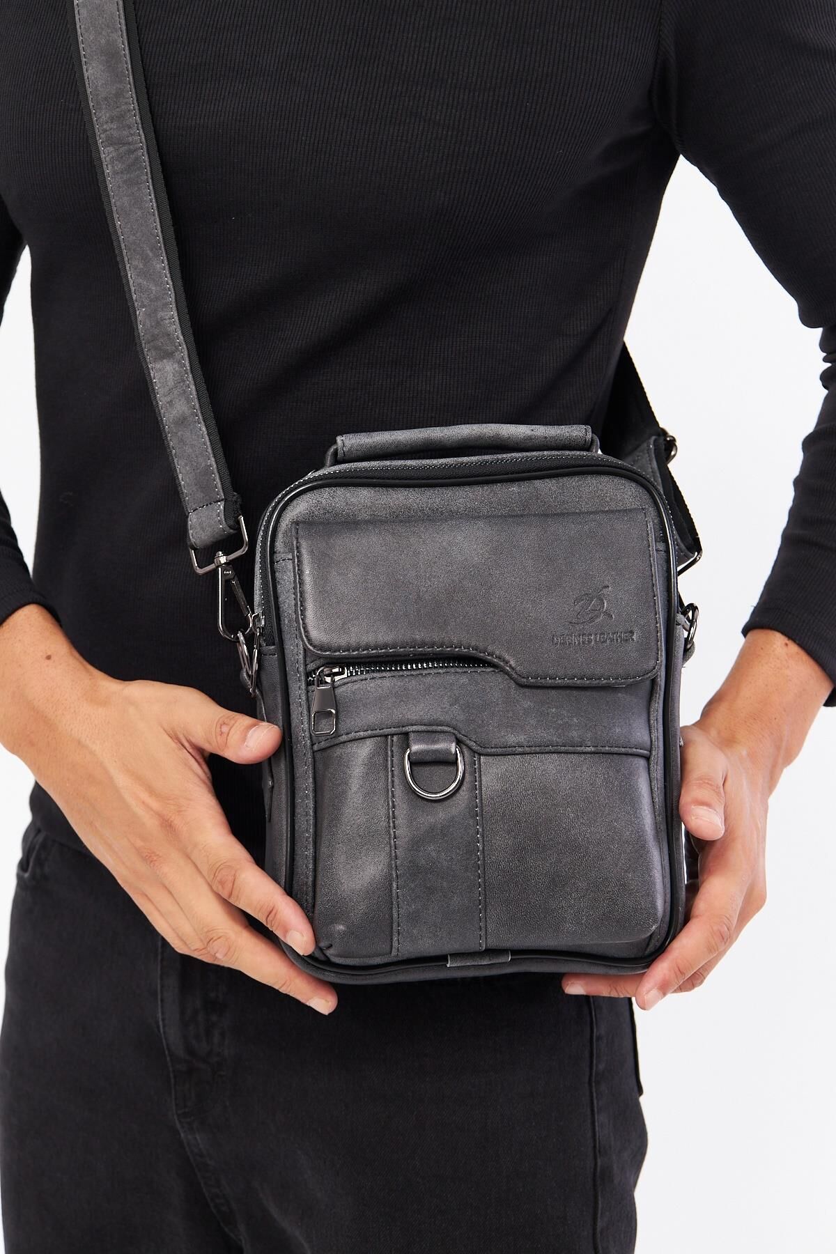 DERİNSS DEB5121 Hakiki Derİ Gri Erkek El ve Omuz Çantası