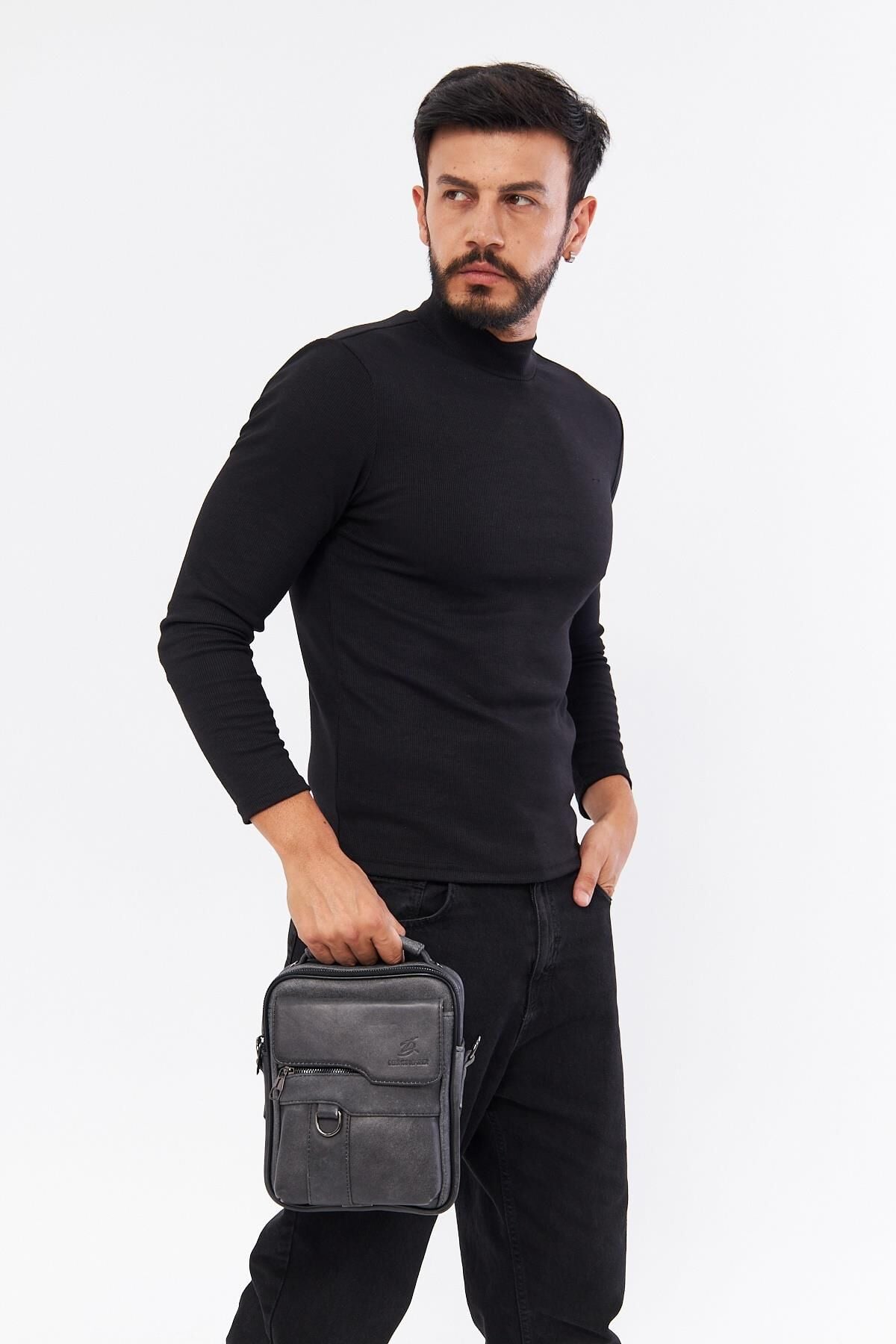 DERİNSS DEB5121 Hakiki Derİ Gri Erkek El ve Omuz Çantası