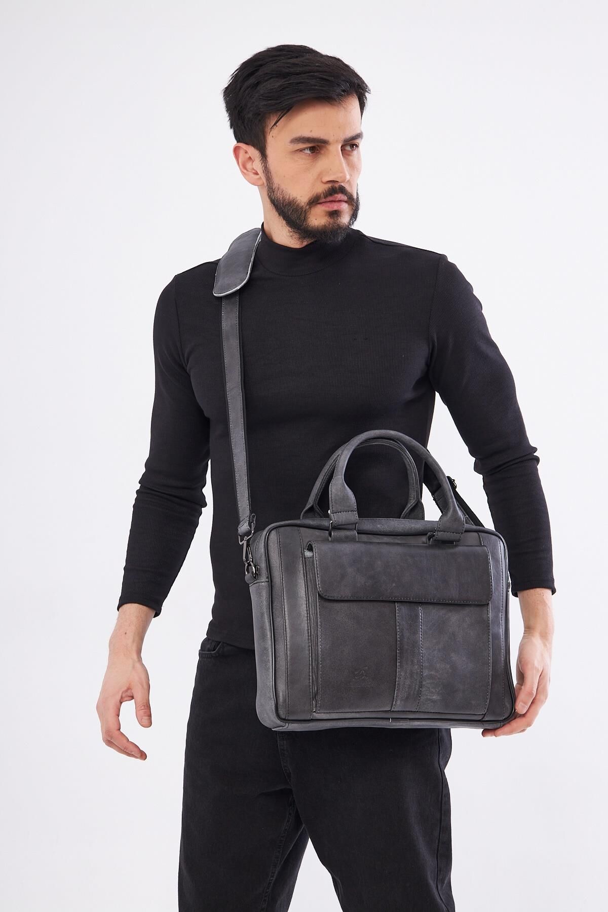 DERİNSS DUB3099 Hakiki Deri Gri Laptop ve Evrak Çantası
