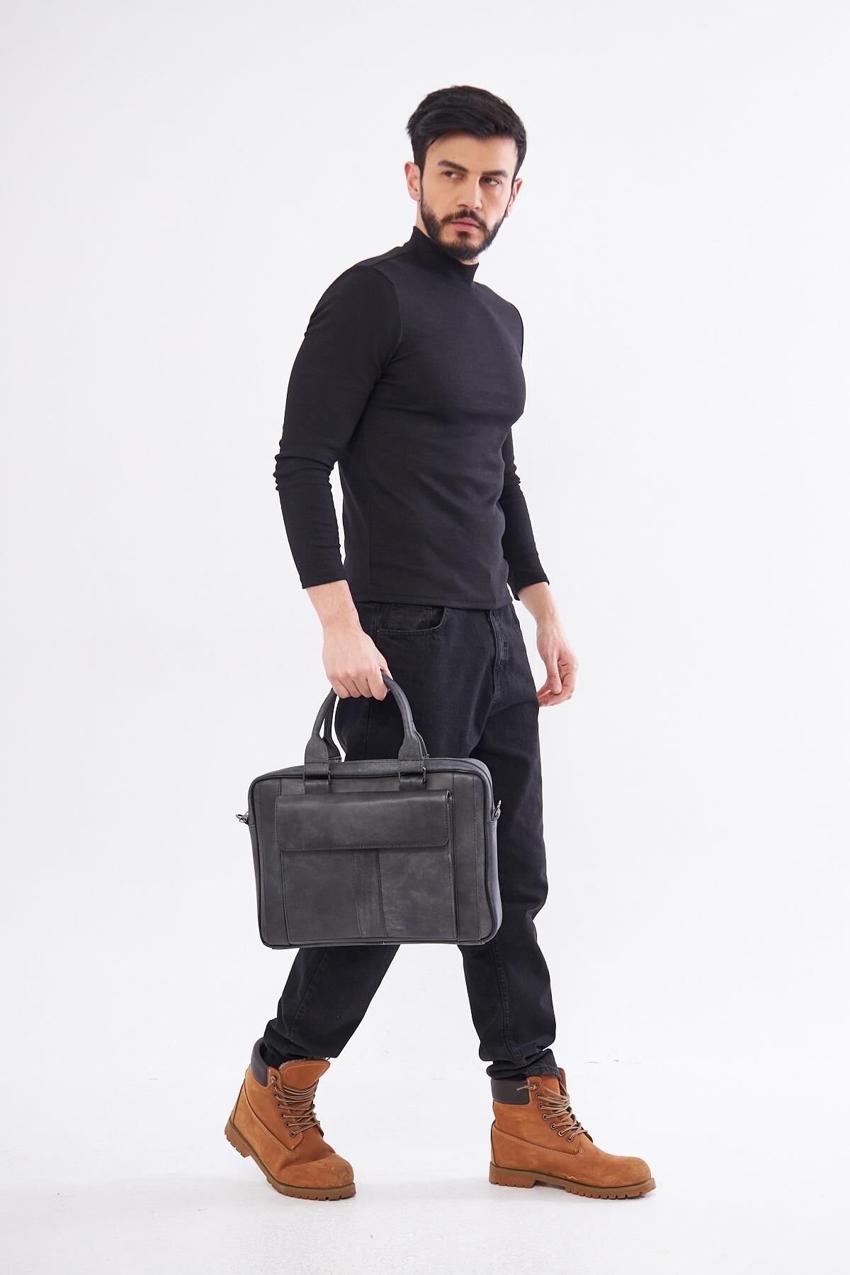 DERİNSS DUB3099 Hakiki Deri Gri Laptop ve Evrak Çantası