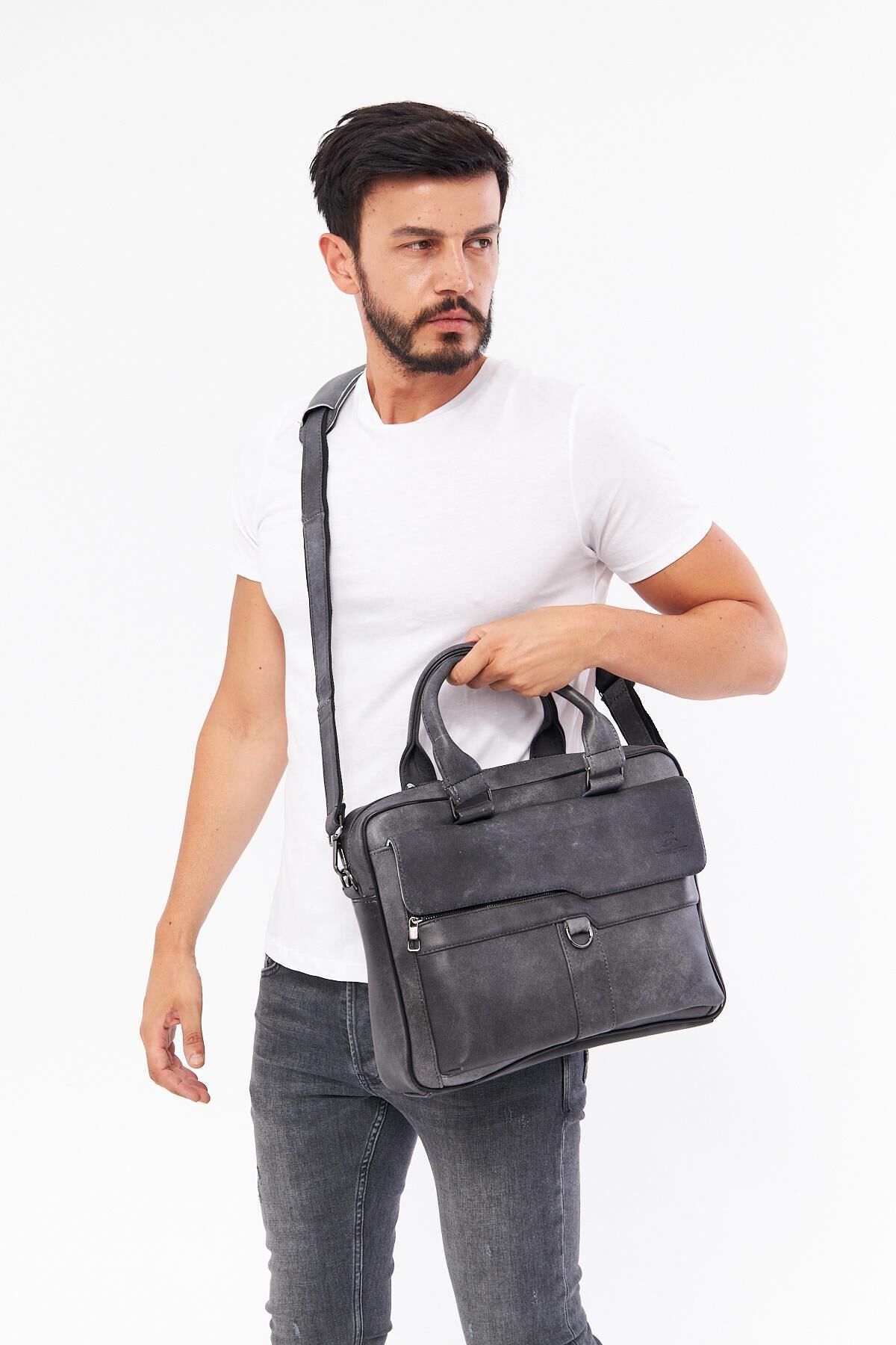 DERİNSS DUB3066 Hakiki Deri Gri Laptop ve Evrak Çantası