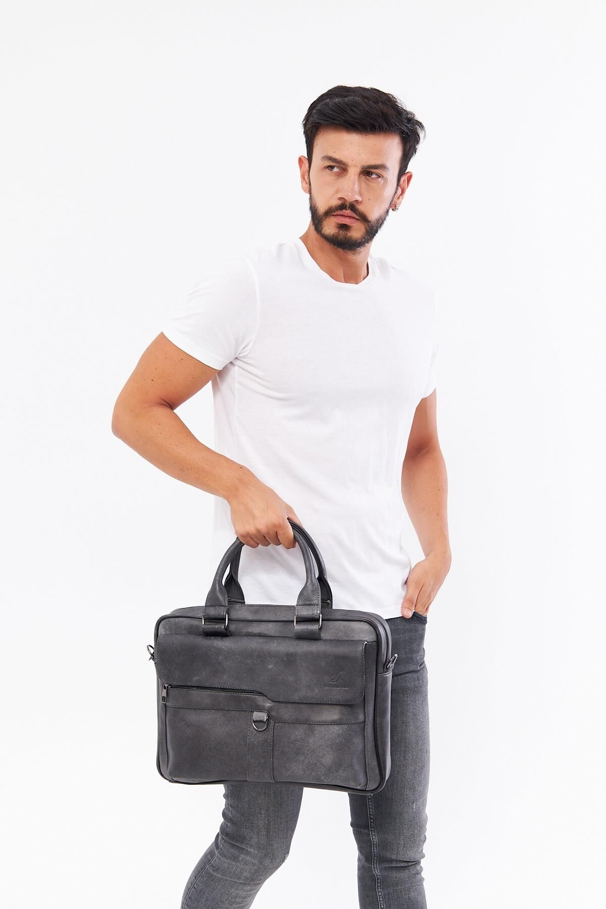 DERİNSS DUB3066 Hakiki Deri Gri Laptop ve Evrak Çantası