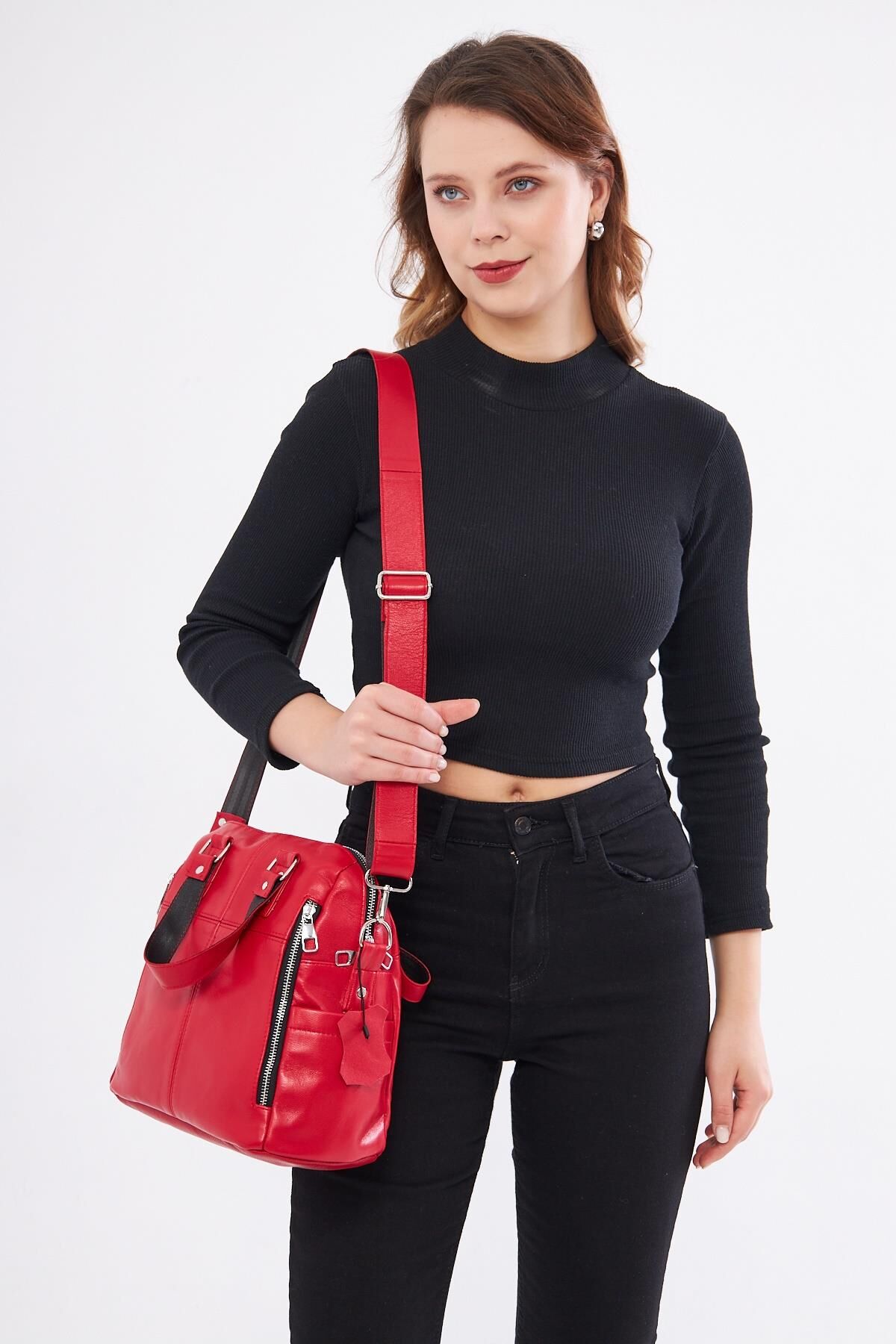 DERİNSS DKB0049 Hakiki Deri Kırmızı Kadın El ve Omuz Çantası