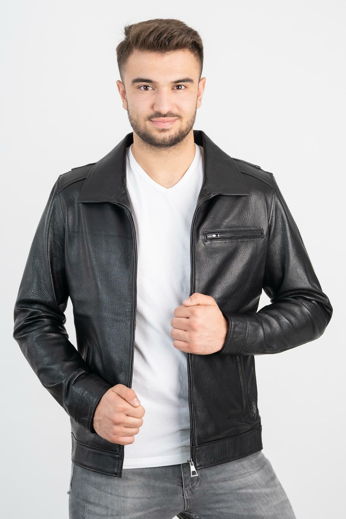 DERİNSS DER147 Hakiki Deri Erkek Siyah Mont