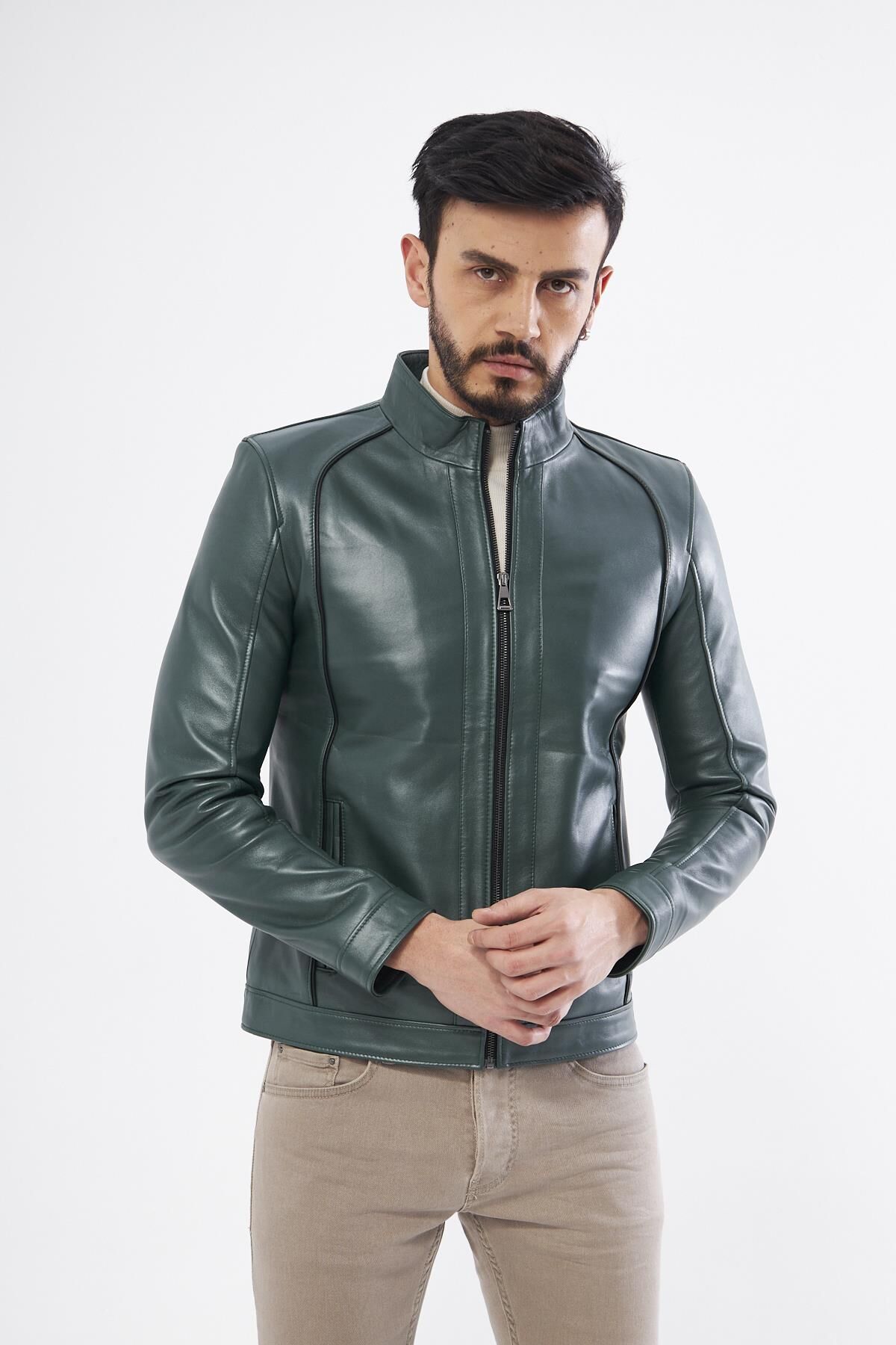 DERİNSS DER198 Hakiki Deri Erkek Yeşil Mont