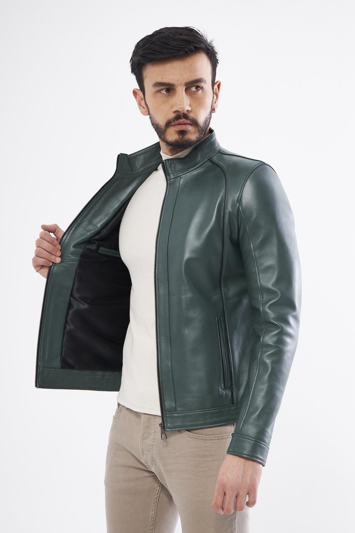 DERİNSS DER198 Hakiki Deri Erkek Yeşil Mont