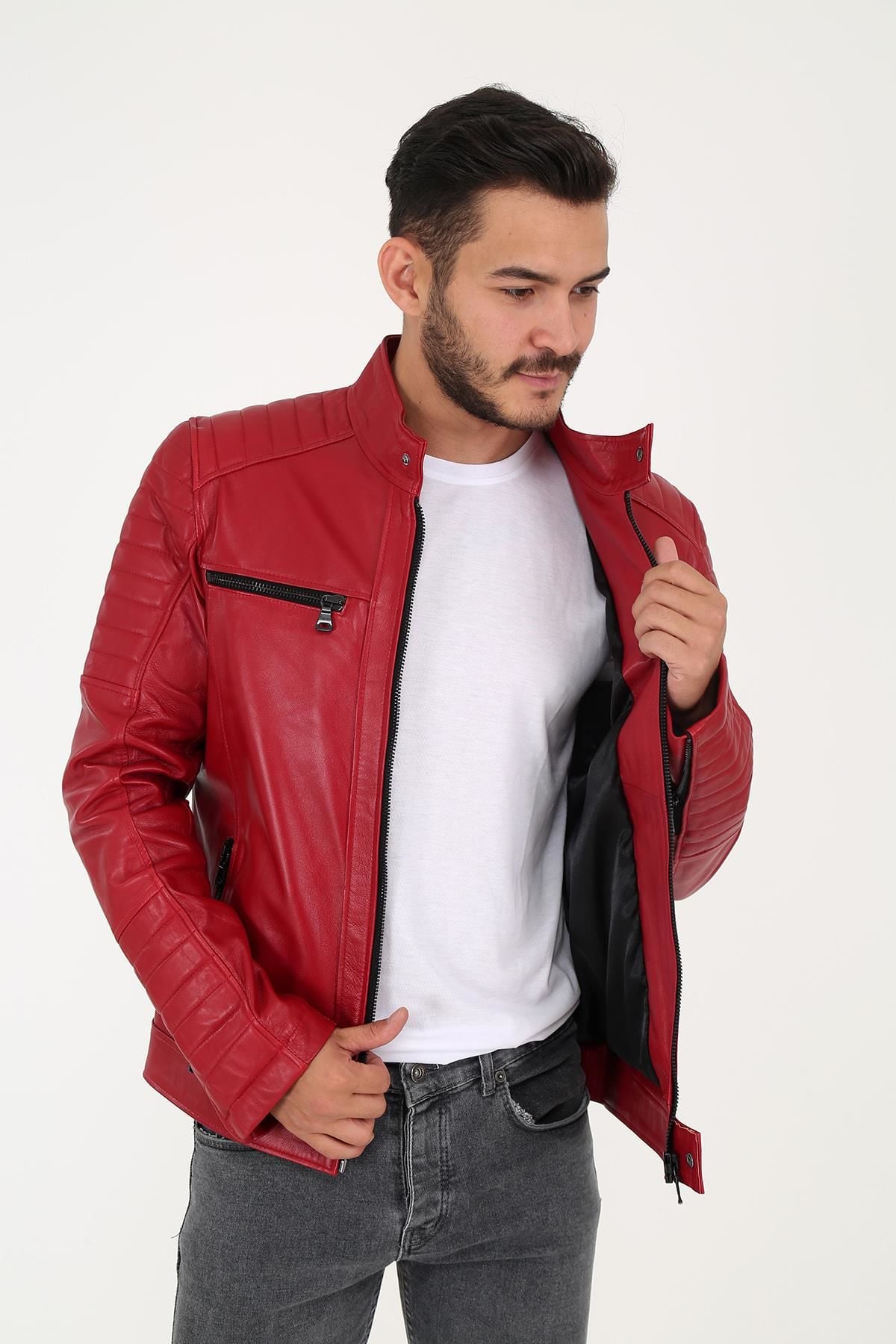 DERİNSS DER123 Hakiki Deri Erkek Koyu Kırmızı Mont