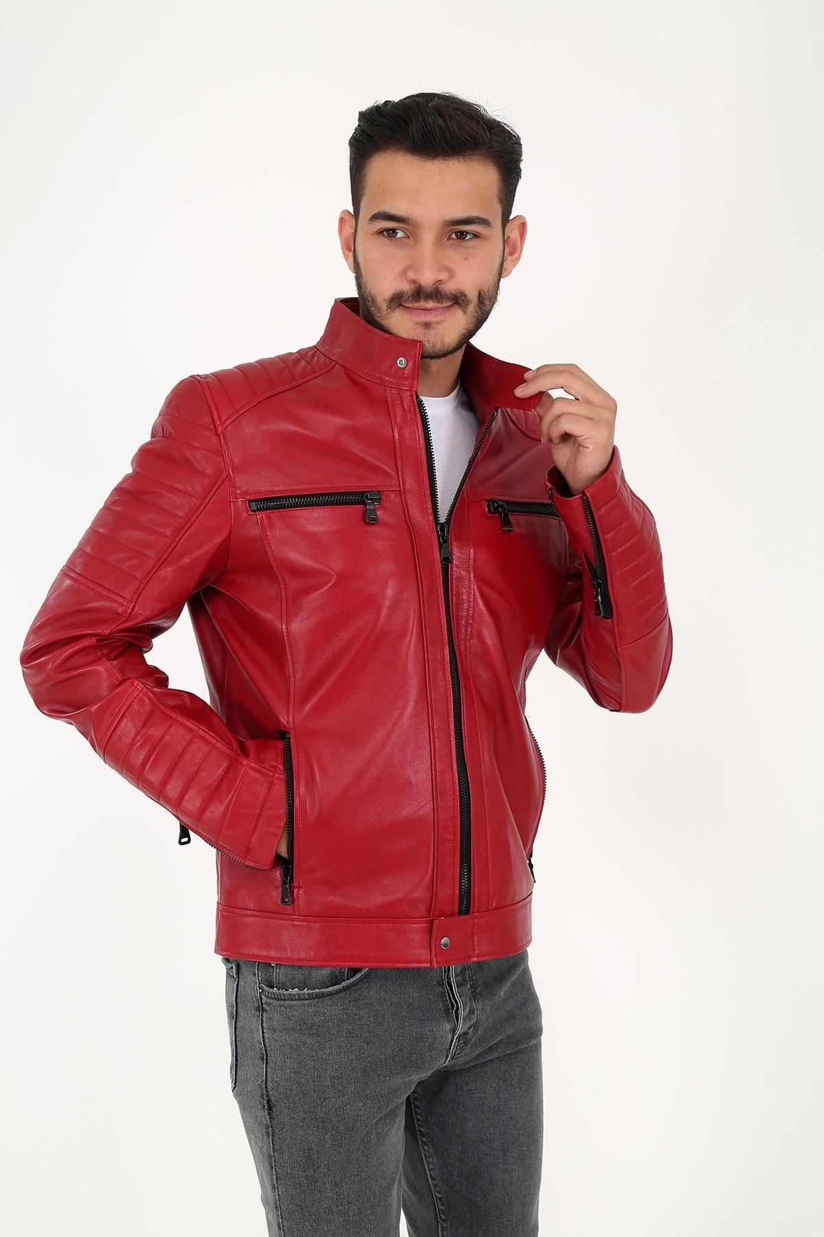 DERİNSS DER123 Hakiki Deri Erkek Koyu Kırmızı Mont