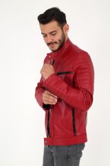 DERİNSS DER123 Hakiki Deri Erkek Koyu Kırmızı Mont