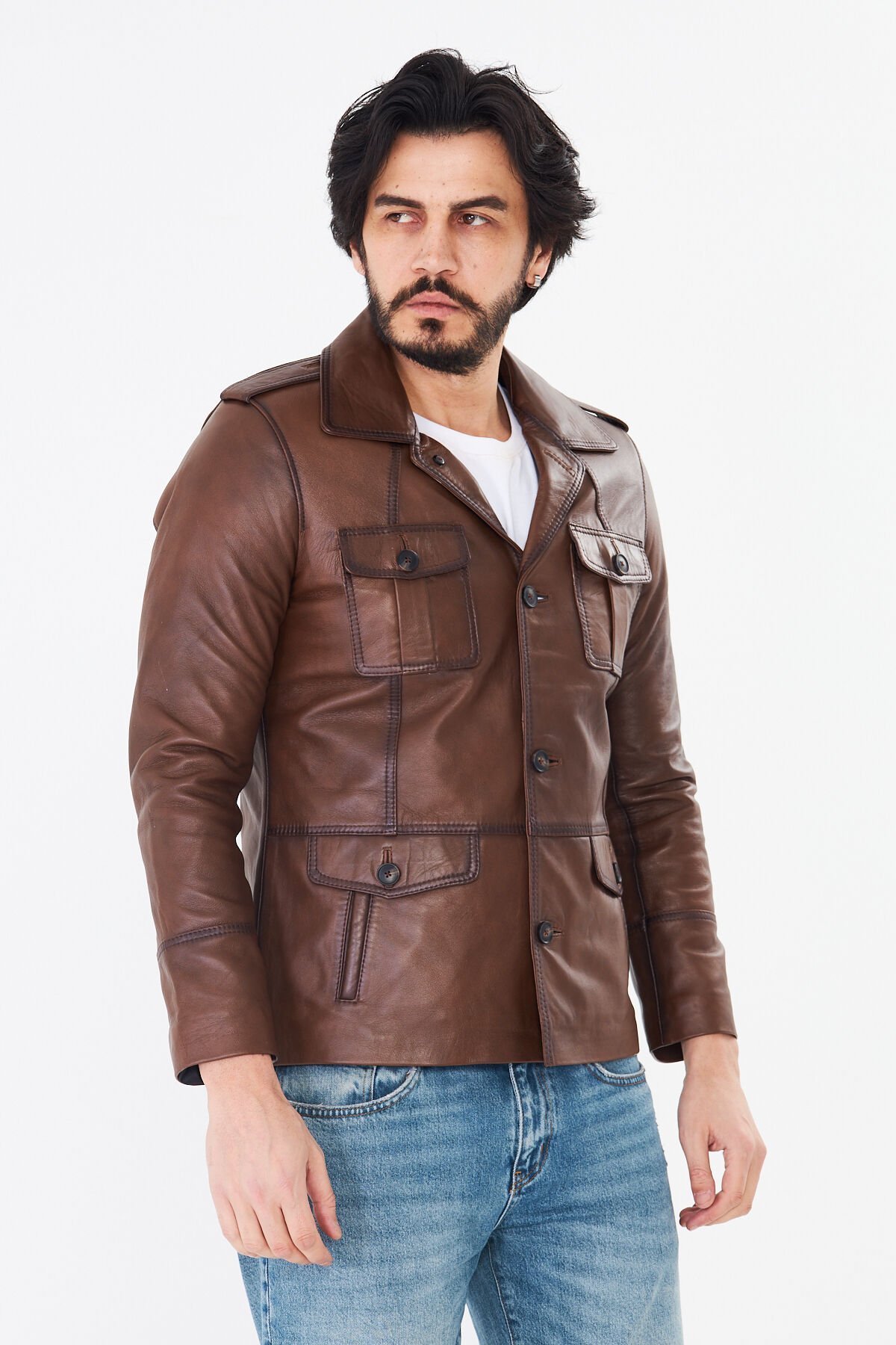 DERİNSS DER265 Hakiki Deri Erkek Taba Mont