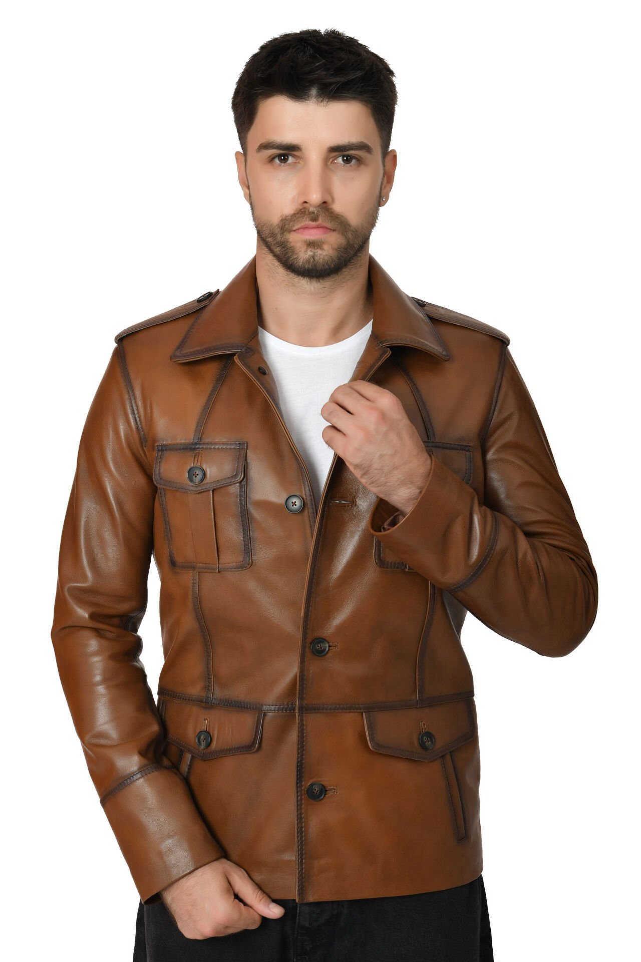 DERİNSS DER265 Hakiki Deri Erkek Taba Mont