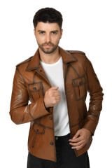 DERİNSS DER265 Hakiki Deri Erkek Taba Mont