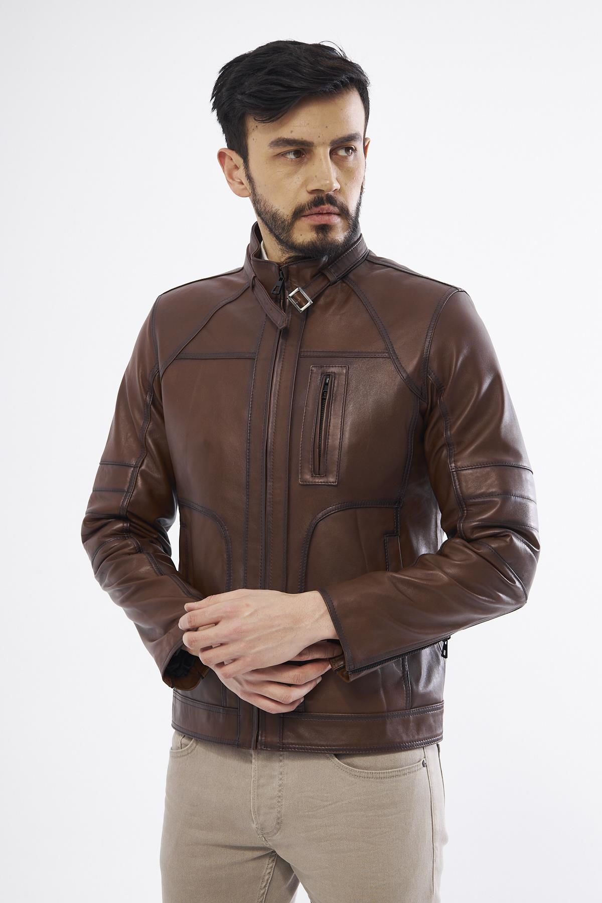 DERİNSS DER185 Hakiki Deri Erkek Taba Mont