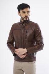 DERİNSS DER185 Hakiki Deri Erkek Taba Mont