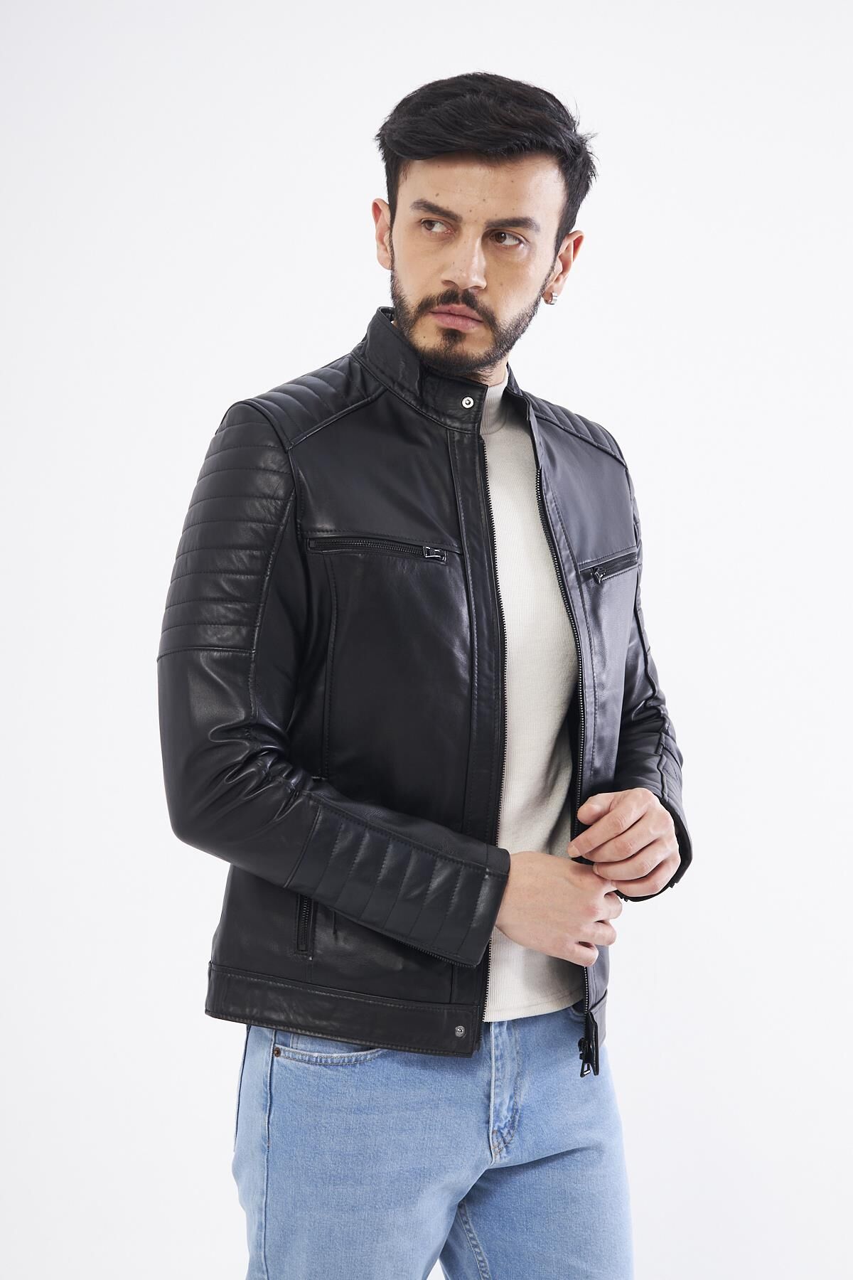 DERİNSS DER123 Hakiki Deri Erkek Siyah Mont