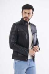 DERİNSS DER123 Hakiki Deri Erkek Siyah Mont