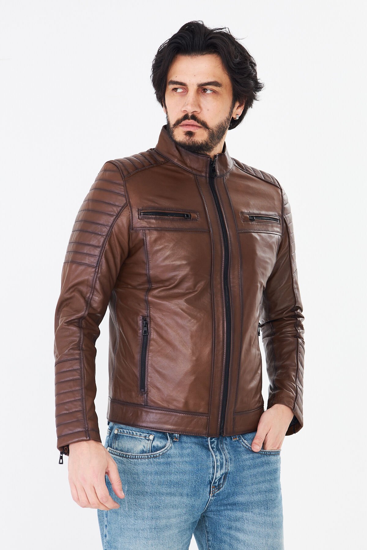 DERİNSS DER109 Hakiki Deri Erkek Taba Mont