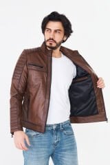 DERİNSS DER109 Hakiki Deri Erkek Taba Mont