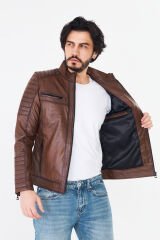 DERİNSS DER109 Hakiki Deri Erkek Taba Mont