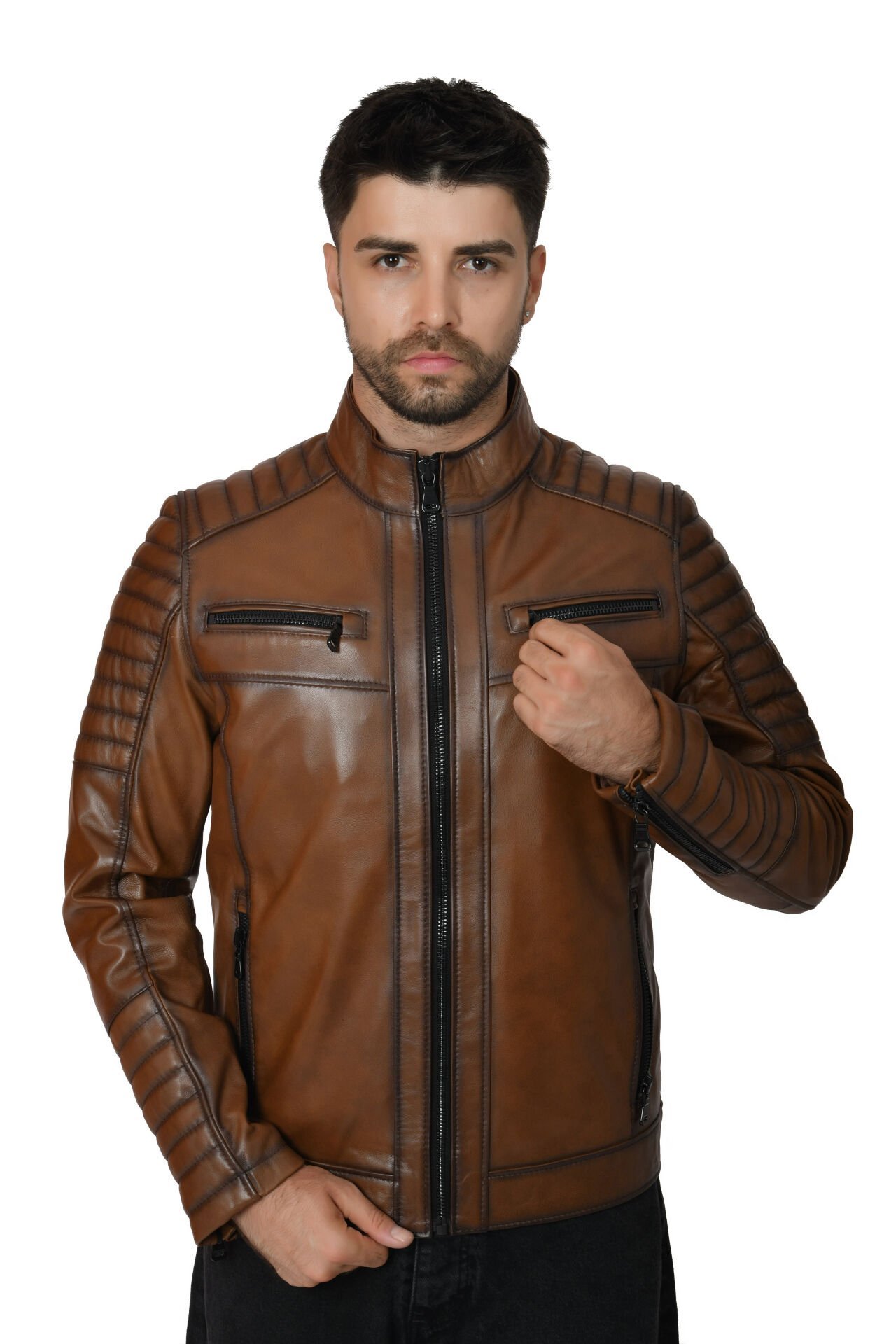 DERİNSS DER109 Hakiki Deri Erkek Taba Mont