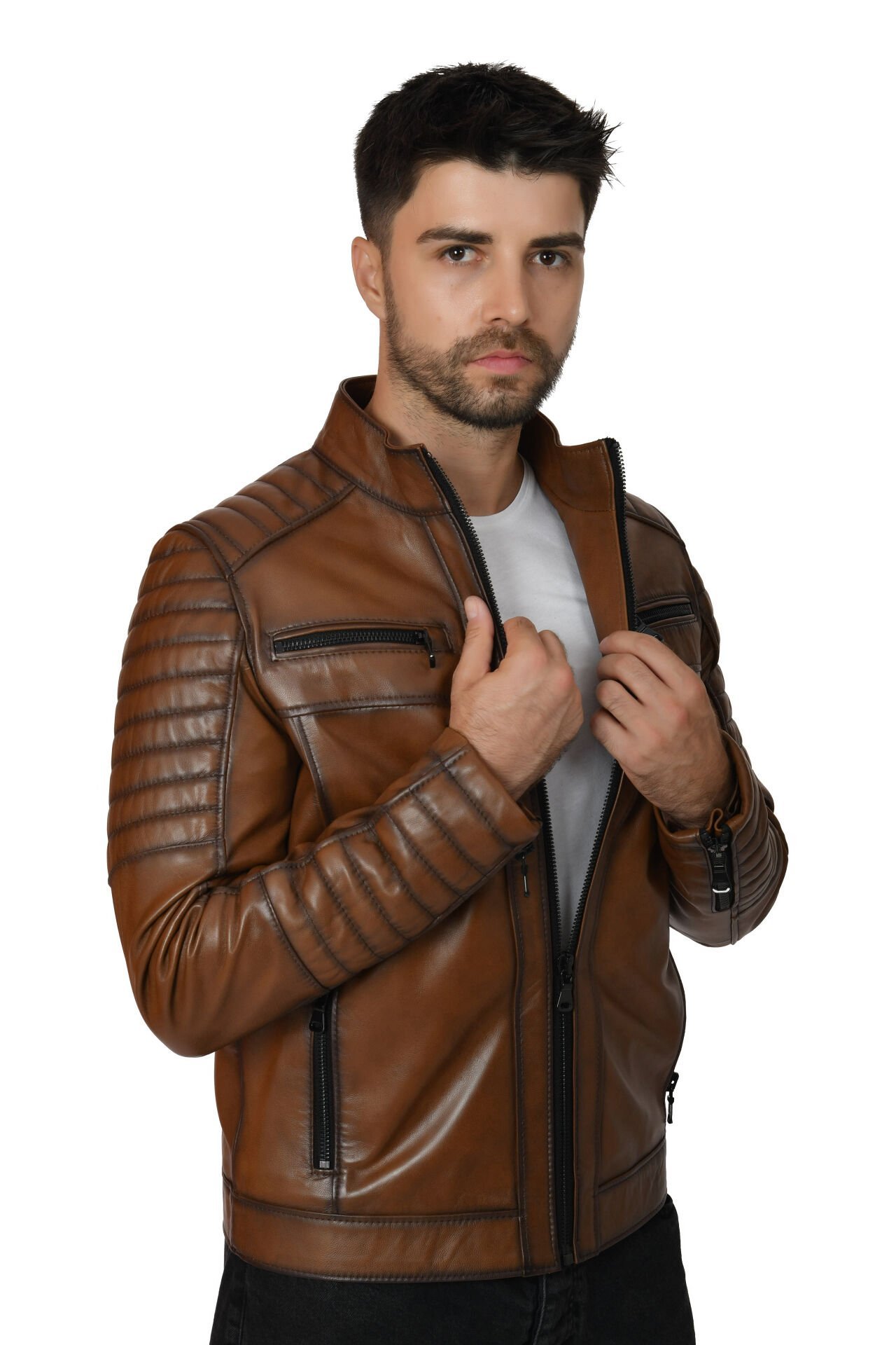 DERİNSS DER109 Hakiki Deri Erkek Taba Mont