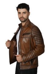 DERİNSS DER109 Hakiki Deri Erkek Taba Mont