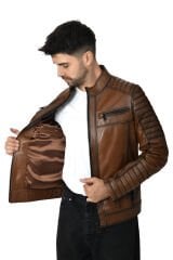 DERİNSS DER109 Hakiki Deri Erkek Taba Mont