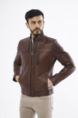 DERİNSS DER134 Hakiki Deri Erkek Taba Mont