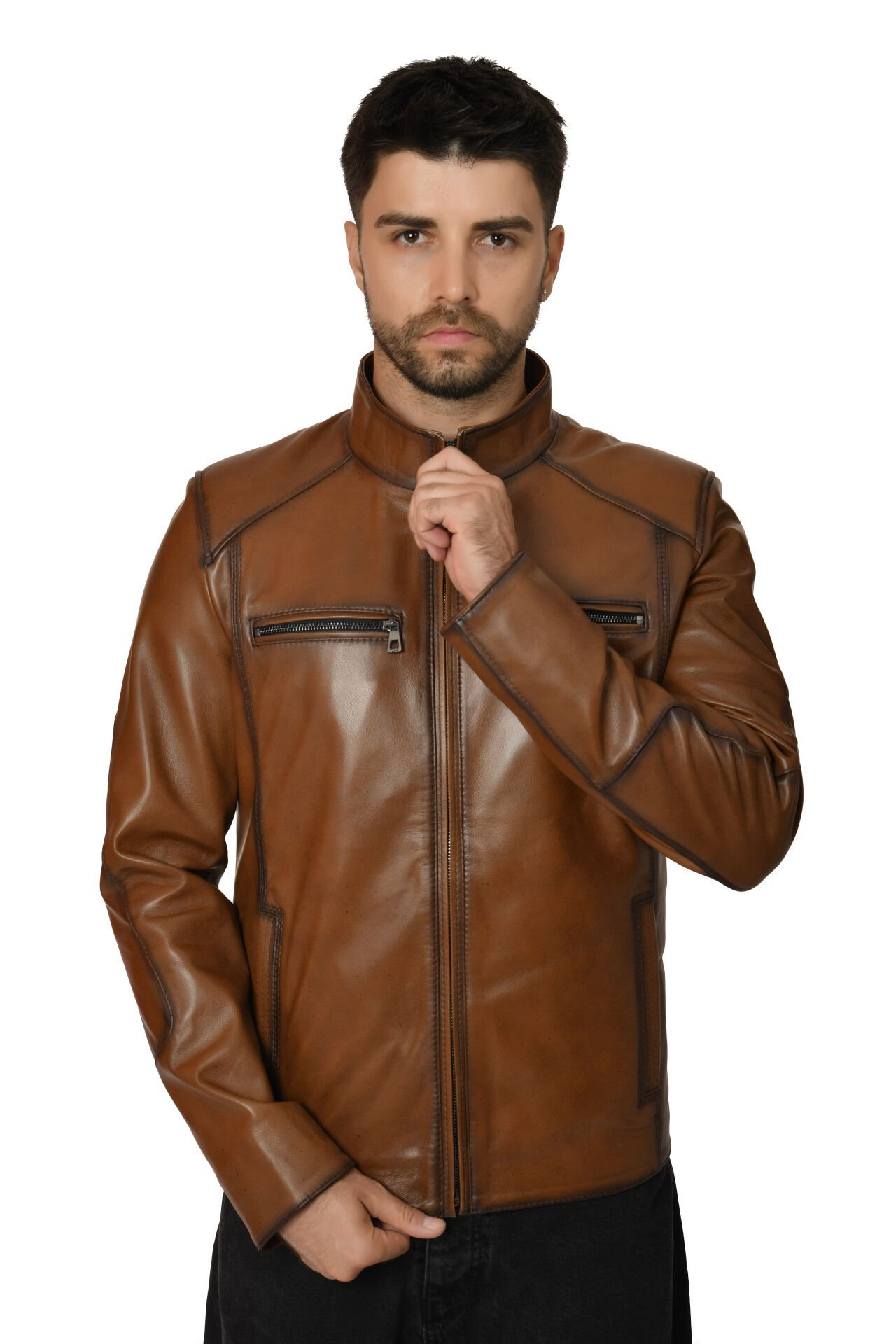 DERİNSS DER171 Hakiki Deri Erkek Taba Mont