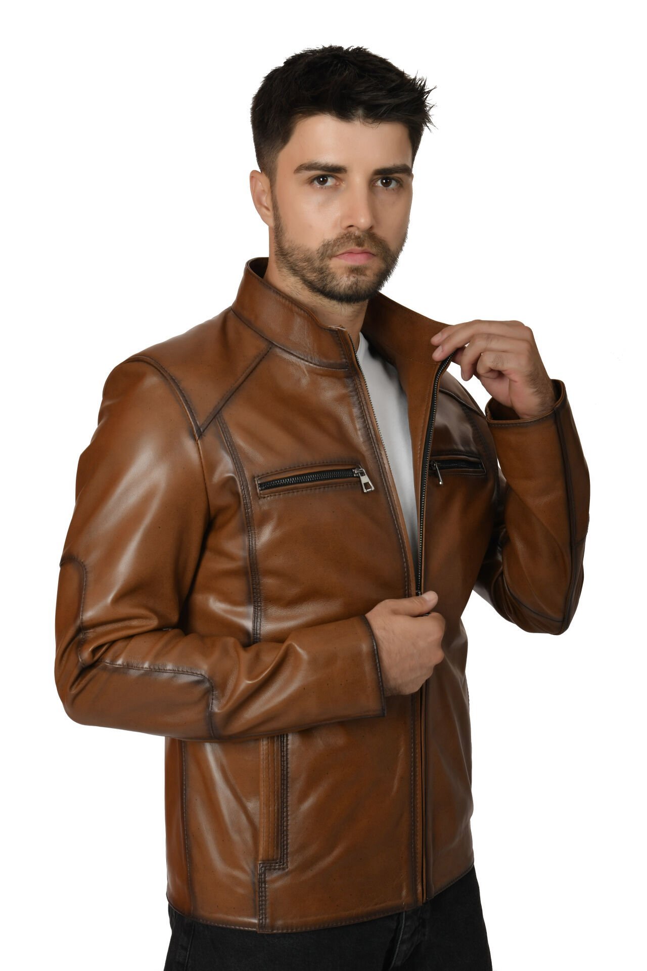 DERİNSS DER171 Hakiki Deri Erkek Taba Mont