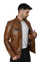 DERİNSS DER171 Hakiki Deri Erkek Taba Mont