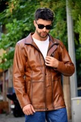 DERİNSS DER027 Hakiki Deri Erkek Taba Mont&Kaban