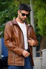 DERİNSS DER027 Hakiki Deri Erkek Taba Mont&Kaban