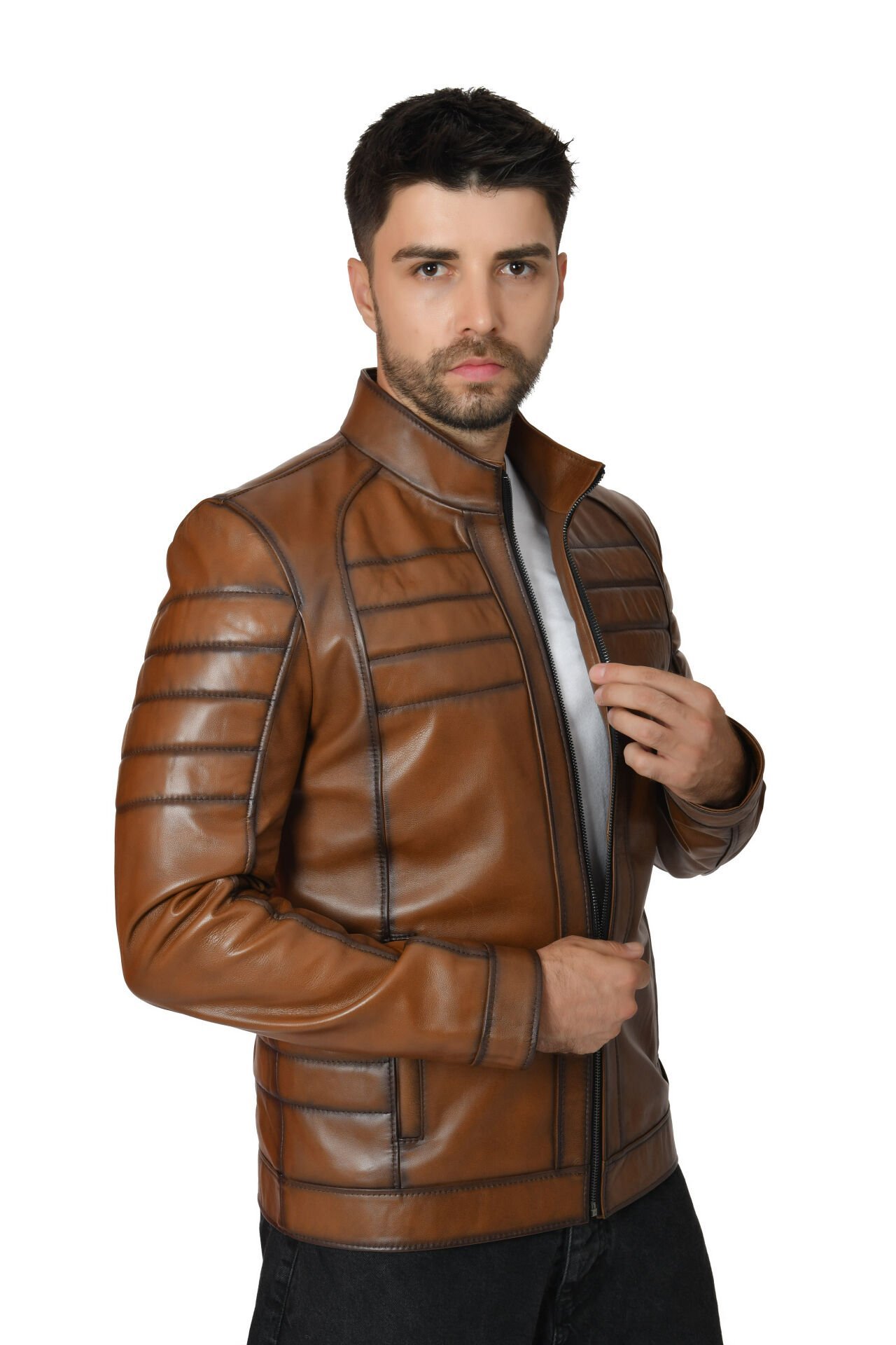 DERİNSS DER224 Hakiki Deri Erkek Taba Mont