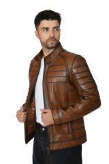 DERİNSS DER224 Hakiki Deri Erkek Taba Mont