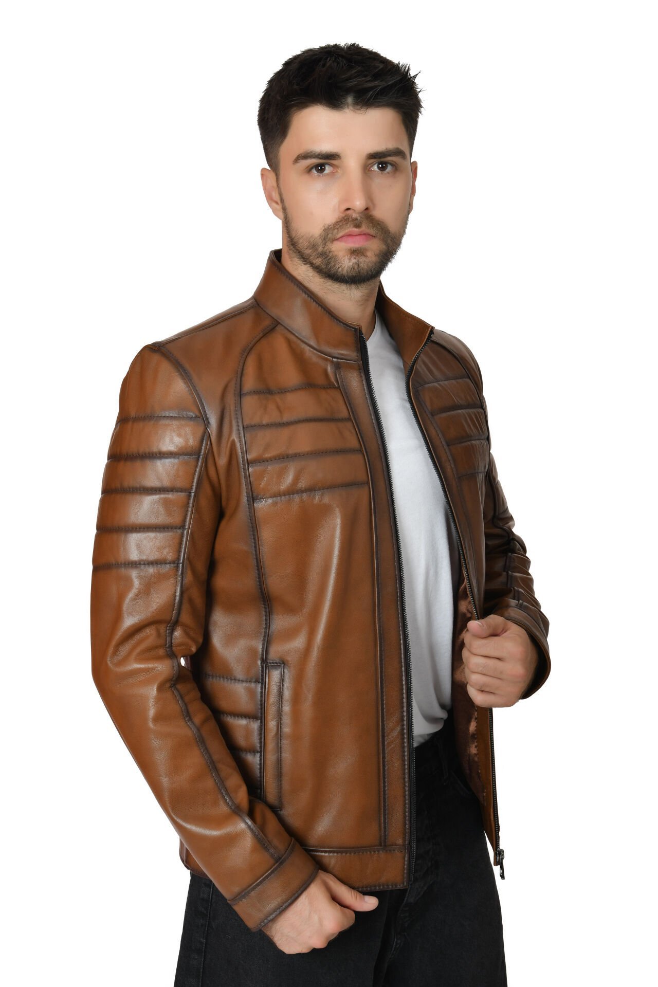 DERİNSS DER224 Hakiki Deri Erkek Taba Mont