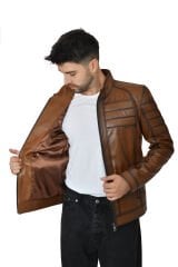 DERİNSS DER224 Hakiki Deri Erkek Taba Mont