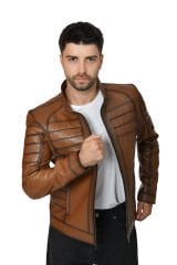 DERİNSS DER224 Hakiki Deri Erkek Taba Mont