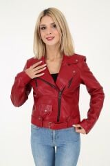 DERİNSS DKA9020 Hakiki Deri Kadın Kırmızı Mont