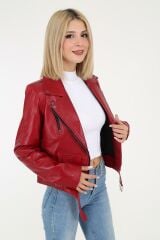 DERİNSS DKA9020 Hakiki Deri Kadın Kırmızı Mont