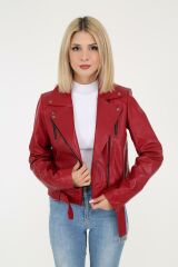 DERİNSS DKA9020 Hakiki Deri Kadın Kırmızı Mont