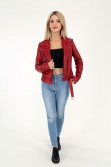 DERİNSS DKA9020 Hakiki Deri Kadın Kırmızı Mont