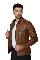DERİNSS DER705 Hakiki Deri Erkek Taba Mont
