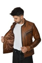 DERİNSS DER705 Hakiki Deri Erkek Taba Mont